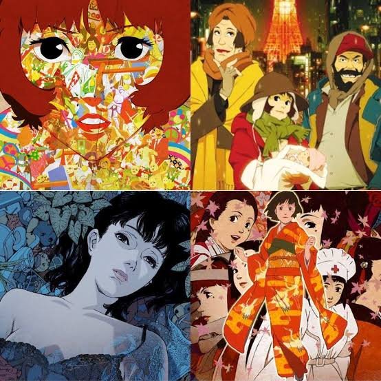 Películas: superior Izq. Paprika, 90 minutos (2 de septiembre de 2006); superior dcha. Tokyo Godfathers, 92 minutos (2003); inferior izq. Perfect blue, 80 minutos (28 de febrero de 1998); inferior dcha. Millennium actress, 87 minutos (2001).